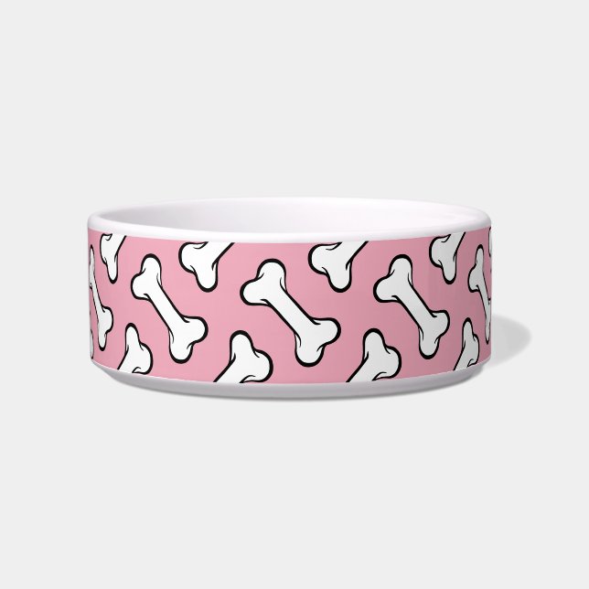 Fun Pink and White Bones Pattern Ceramic Dog Bowl (Front)