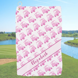 Fun pink and white golf cart personalised name towel