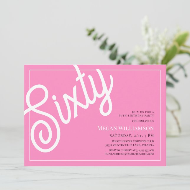 Fun Pink and White Script 60th Birthday Invitation (Standing Front)
