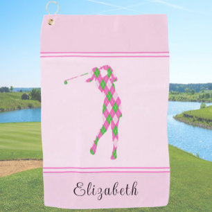 Fun Pink Argyle Lady Golfer Personalised Womens Golf Towel