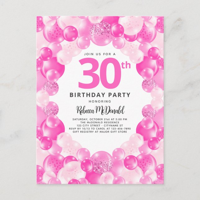 Fun Pink Balloons Faux Glitter 30th Birthday Party Invitation Postcard (Front)