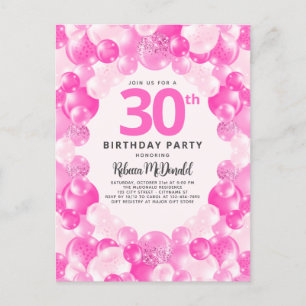 Fun Pink Balloons Faux Glitter 30th Birthday Party Postcard