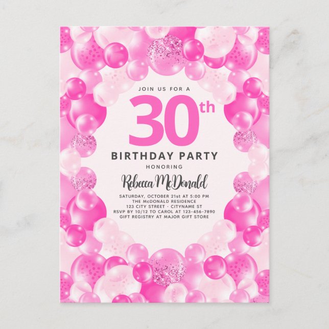Fun Pink Balloons Faux Glitter 30th Birthday Party Postcard (Front)