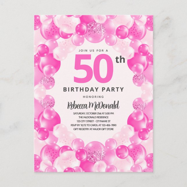Fun Pink Balloons Faux Glitter 50th Birthday Party Invitation Postcard (Front)