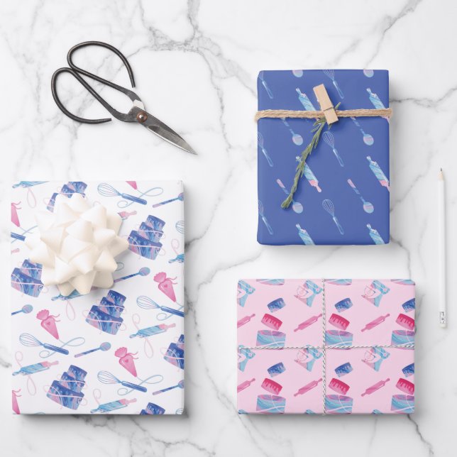 Fun Pink Blue Baking Utensils & Marble Glaze Cake Wrapping Paper Sheet (Front)