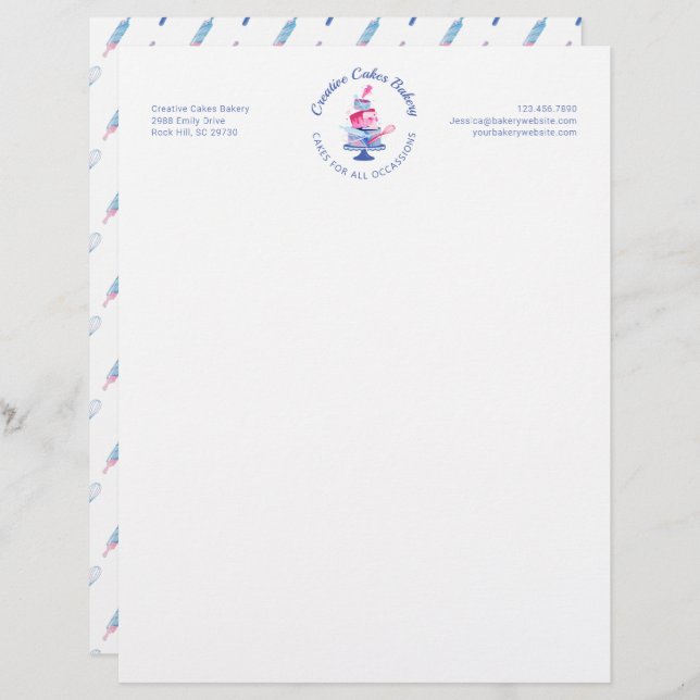 Fun Pink & Blue Marble Bakery Cake & Tools Logo Custom Letterhead (Front/Back)
