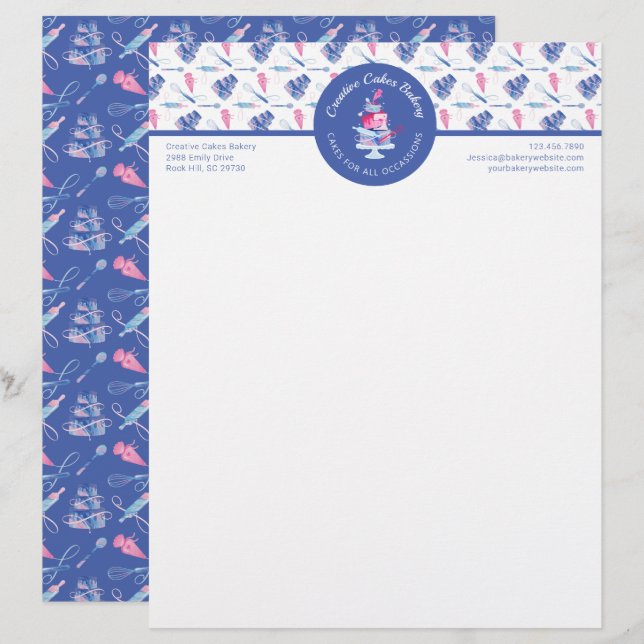 Fun Pink & Blue Marble Bakery Cake & Tools Logo Custom Letterhead (Front/Back)