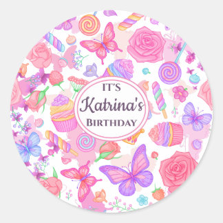 Fun Pink Butterfly, Cupcake, Candy Pattern Classic Round Sticker