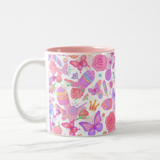 Fun Pink Butterfly, Cupcake, Candy Pattern Two-Tone Coffee Mug (Left)
