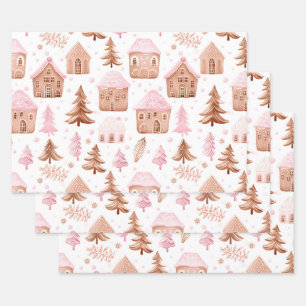 Fun Pink Christmas Sweet Gingerbread house Wrapping Paper Sheet