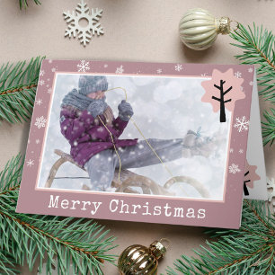 Fun Pink Christmas Tree Snowflakes Photo Holiday Card