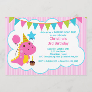 Fun Pink Dinosaurs Birthday Party Invitation
