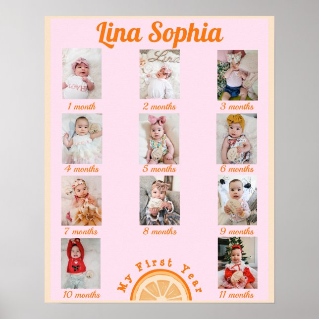 Fun Pink First Year Monthly Photos Poster (Front)