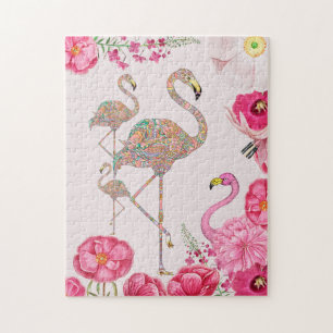 Fun Pink flamingo surreal collage with flowers Jigsaw Puzzle