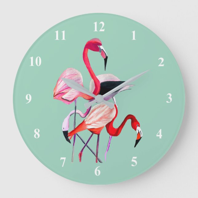 Fun pink flamingo watercolor illustration large clock (Front)