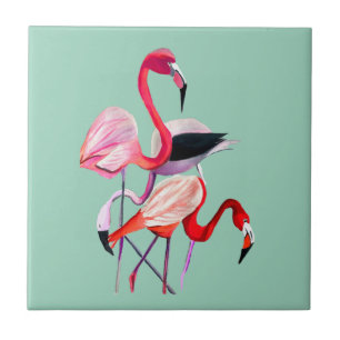 Fun pink flamingo watercolor illustration tile
