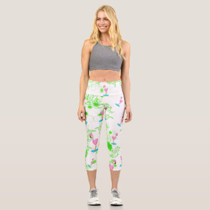 Fun pink flamingos and green vines capri leggings