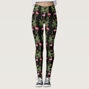 Fun! Pink Flamingos & Palm Trees on Black Leggings
