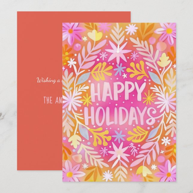Fun Pink Floral Happy Holidays No Photo  Holiday Card (Front/Back)