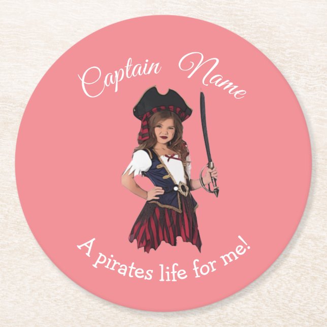 Fun Pink Girl Pirate  Round Paper Coaster (Front)