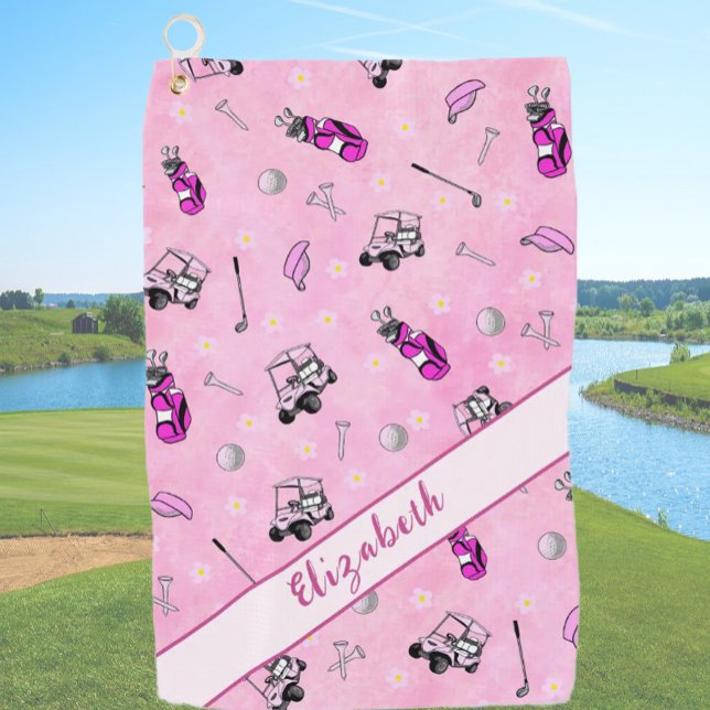 Fun pink golf cart and gear personalised name golf towel (Creator Uploaded)