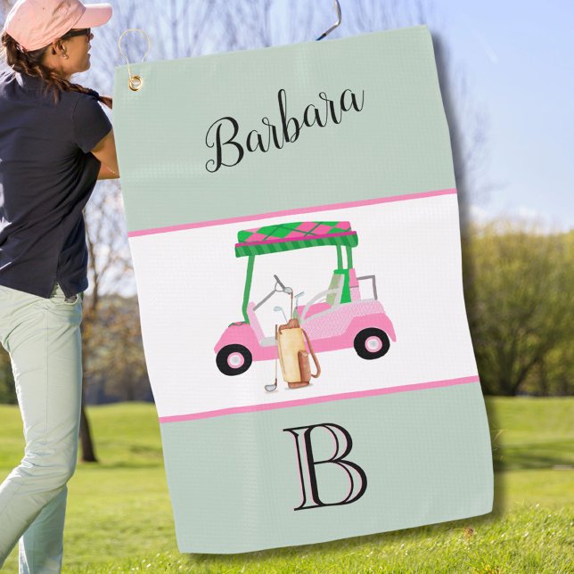 Fun Pink Golf Cart Monogram Name Golf Towel (Creator Uploaded)