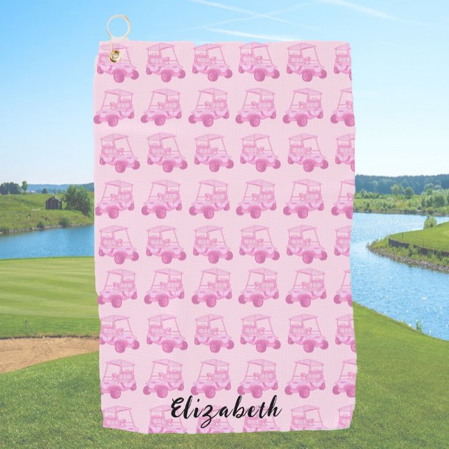 Fun pink golf cart personalised name golf towel (Creator Uploaded)