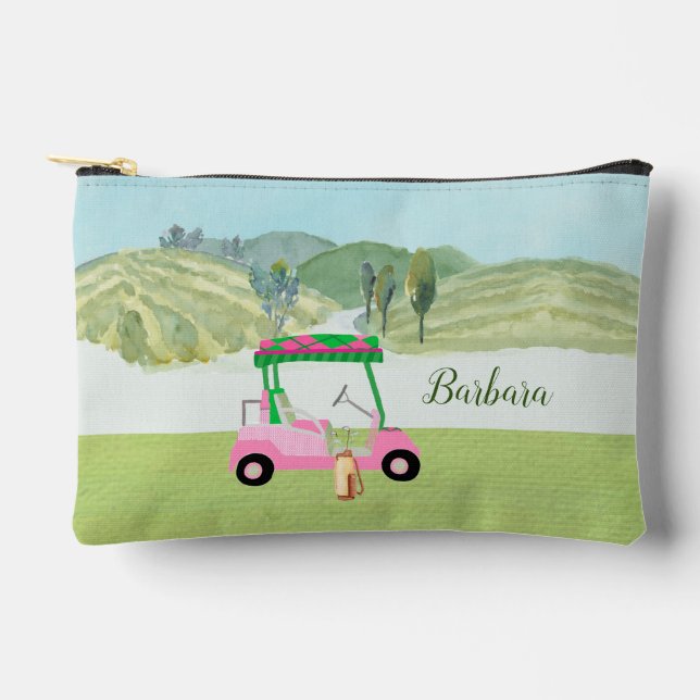Fun Pink Golf Cart Scenic Personalised Name Accessory Pouch (Front)