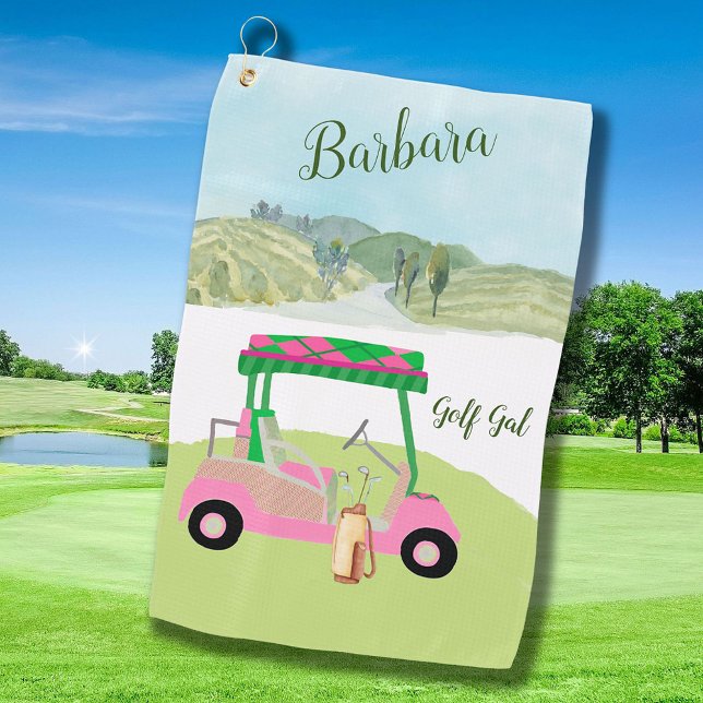 Fun Pink Golf Cart Scenic Personalised Name Golf Towel (Creator Uploaded)