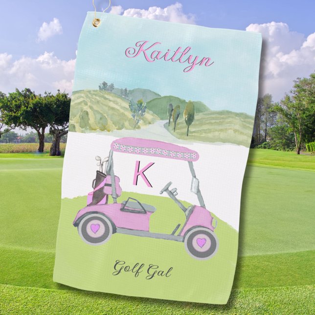 Fun Pink Golf Cart Scenic Personalised Name Towel (Creator Uploaded)