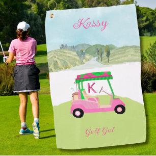 Fun Pink Golf Cart Scenic Personalised Name Towel