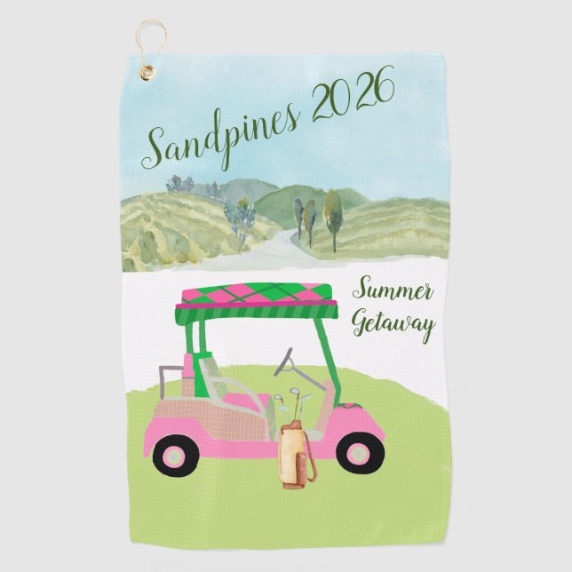 Fun Pink Golf Cart Scenic Personalised Name Towel (Front)
