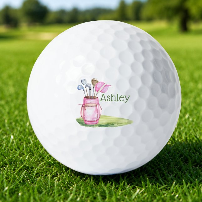 Fun Pink Golf Club Personalised Monogram Balls (cute watercolor pink golf bag golf balls with custom monogram name)