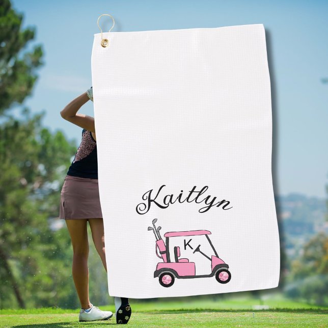 Fun Pink Golf Gal Cart Monogram Name    Towel (Creator Uploaded)