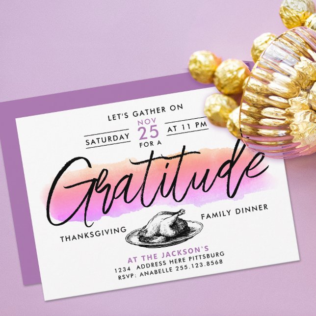 Fun Pink Gratitude Thanksgiving Dinner Watercolor  Invitation (Creator Uploaded)