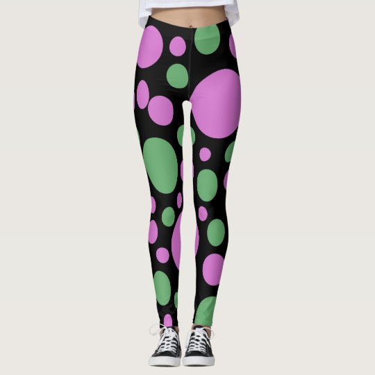 Fun Pink Green Polka Dots on Black Leggings
