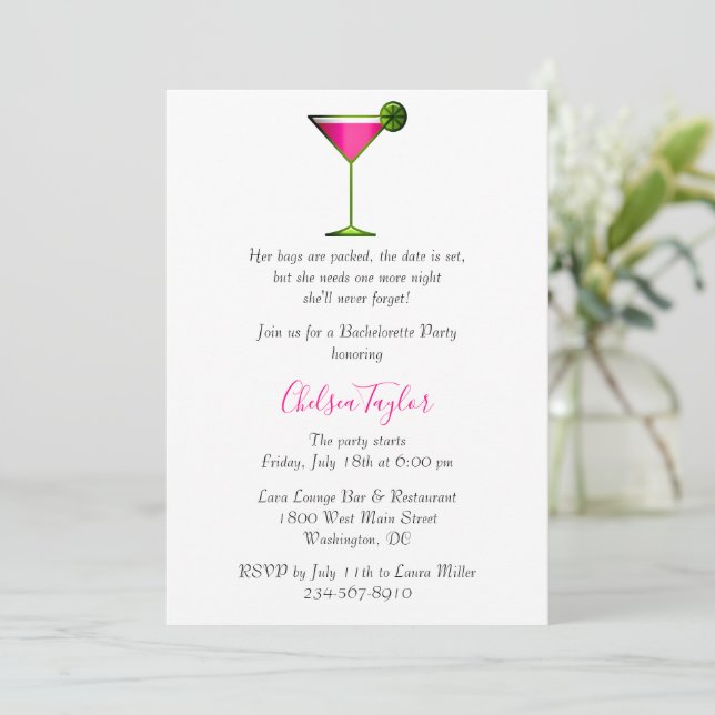 Fun Pink Martini Cocktail Hour Bachelorette Party Invitation (Standing Front)