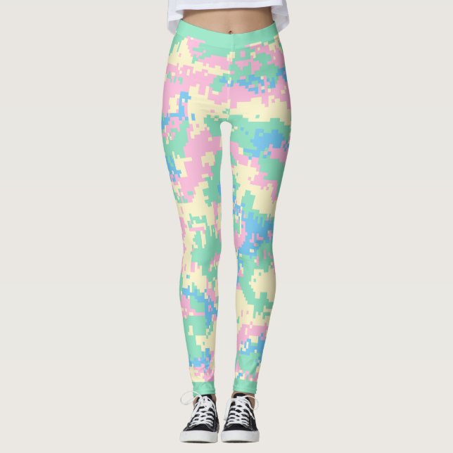 Fun pink, mint green, turquoise, cream camouflage, leggings (Front)