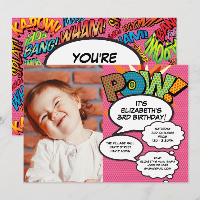 Fun Pink Modern Birthday Party Photo Comic Any Age Invitation (Front/Back)