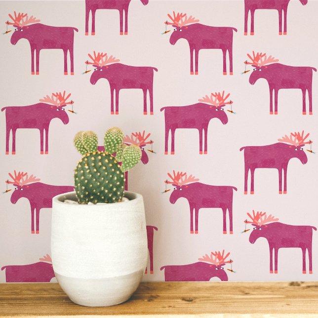 Fun Pink Moose Elk Pattern Wallpaper (Fun pink moose or elk animal pattern peel and stick art wallpaper)