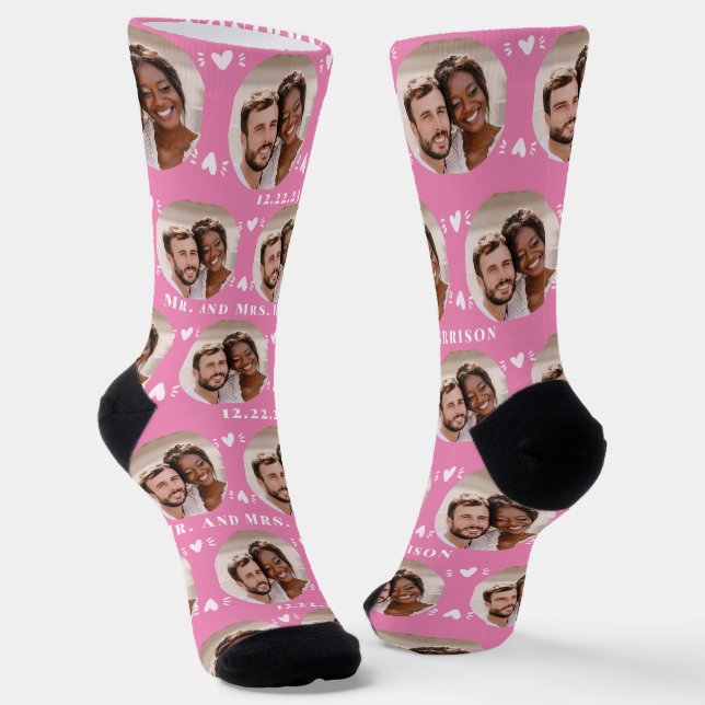 Fun Pink Newlyweds Photo Pattern Socks (Angled)