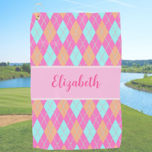 Fun Pink orange preppy argyle custom name ladies Golf Towel