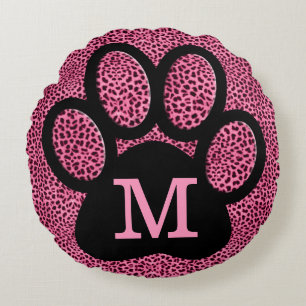 Fun Pink Paw Print with Monogram in Cheetah Round Cushion
