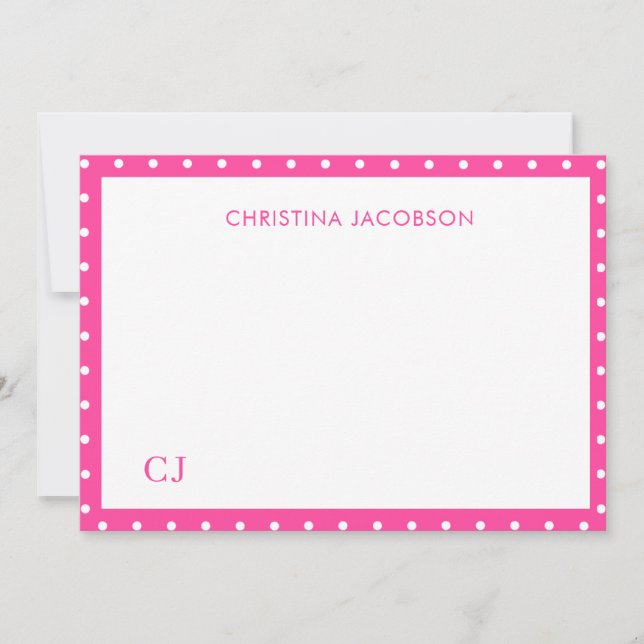 Fun Pink Polka Dot Name and Initials Note Card (Front)