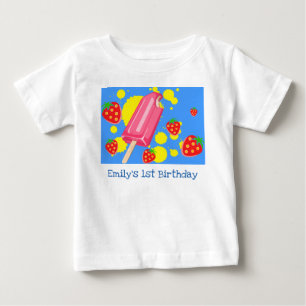 Fun Pink Popsicle and Strawberries 1st Birthday Baby T-Shirt