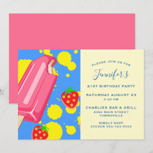 Fun Pink Popsicle and Strawberries Birthday Invitation