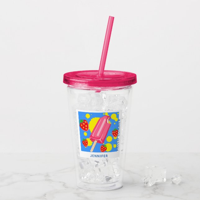 Fun Pink Popsicle and Strawberries Hello Summer Acrylic Tumbler (Back Ice)