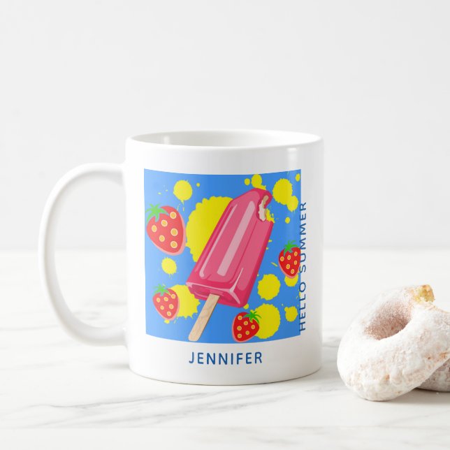 Fun Pink Popsicle and Strawberries Hello Summer Coffee Mug (With Donut)