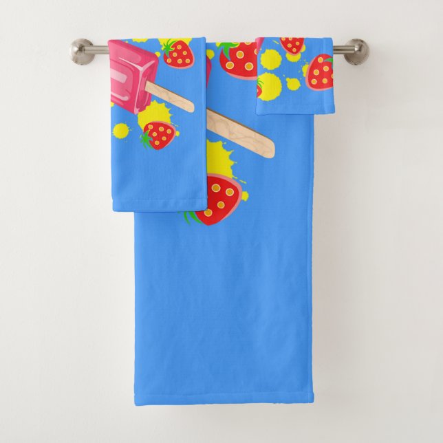 Fun Pink Popsicle and Strawberries Illustration Bath Towel Set (Insitu)