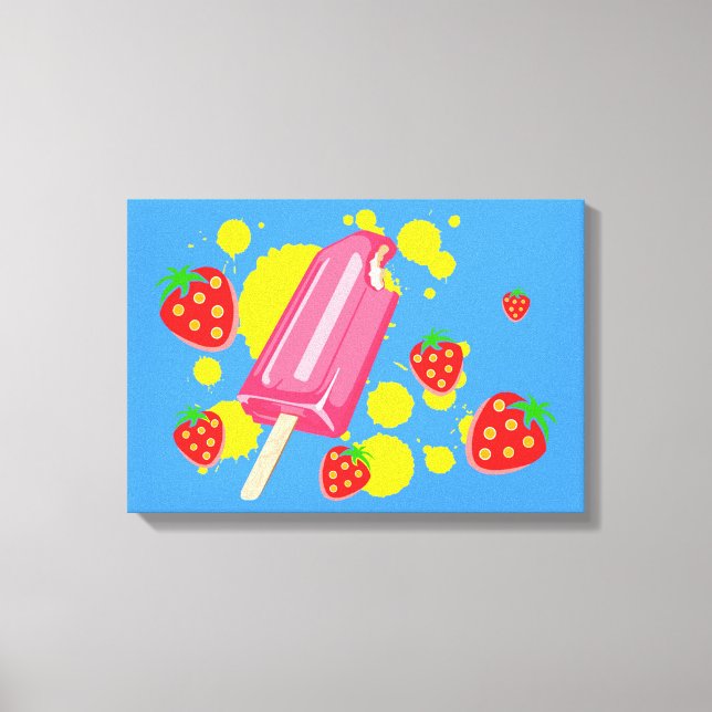 Fun Pink Popsicle and Strawberries Illustration Canvas Print (Front)